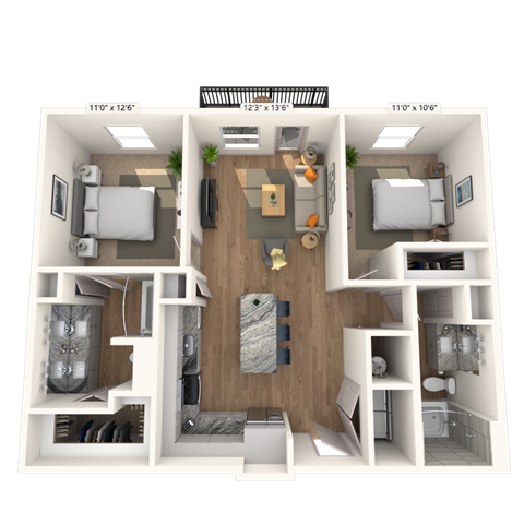 Floor plan for 2 beds, 2 baths, 1011 sqft